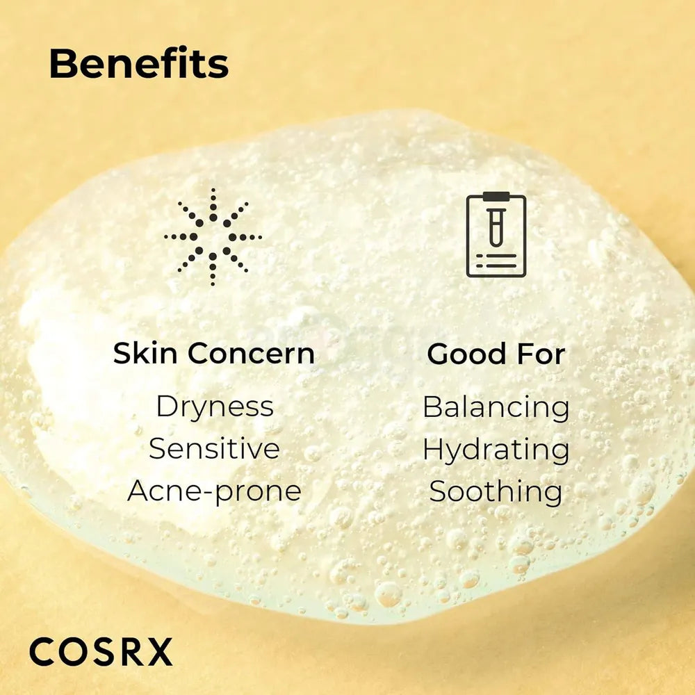 Cosrx product with benefits listed on a beige background