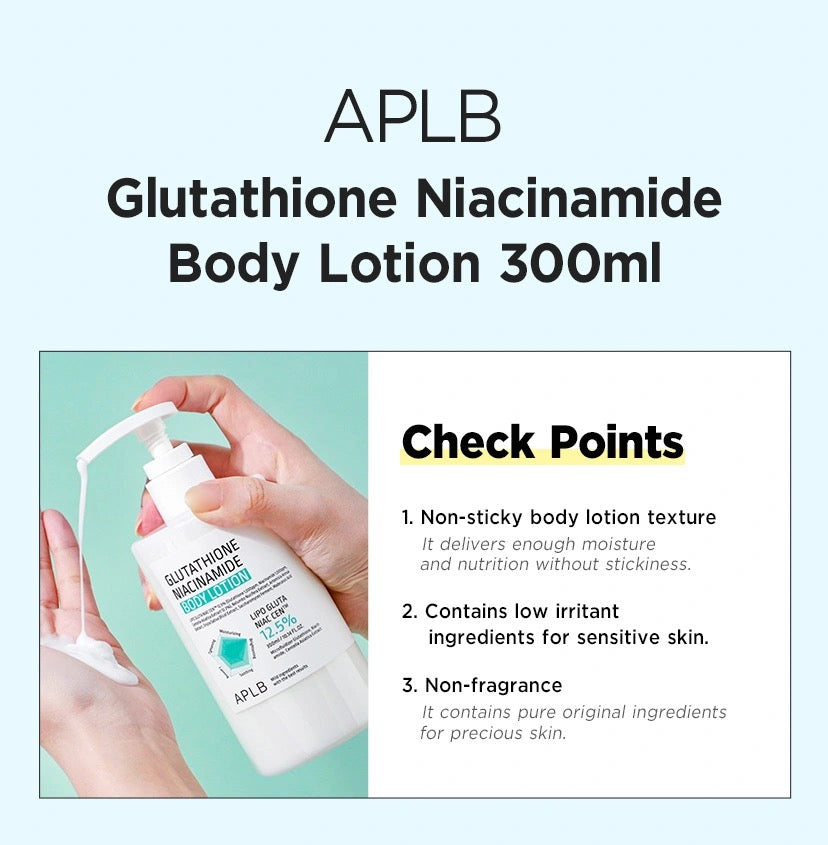 APLB Glutathione Niacinamide Body Lotion 300ml with a hand holding the bottle on a light blue background.