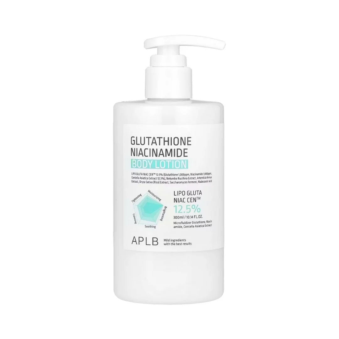 White lotion bottle with pump labeled 'GLUTATHIONE NIACINAMIDE BODY LOTION' by APLB on a white background