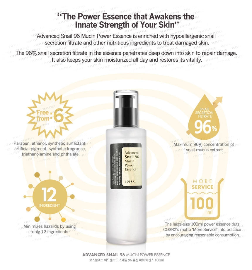 CosRX Advanced Snail 96 Mucin Power Essence bottle with product details on a white background
