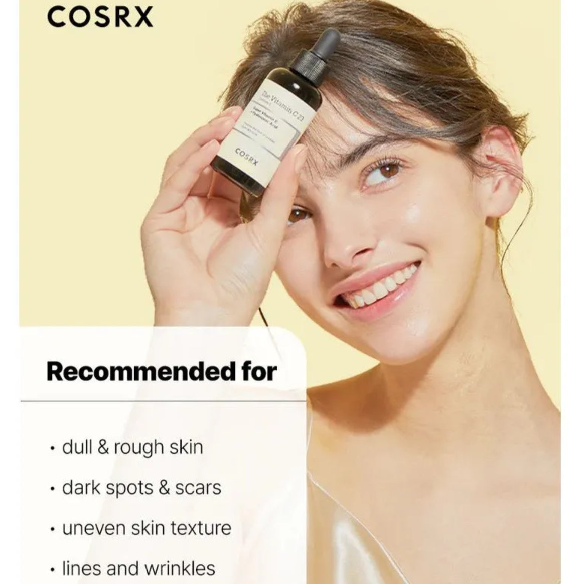 Woman applying COSRX skincare product with a yellow background