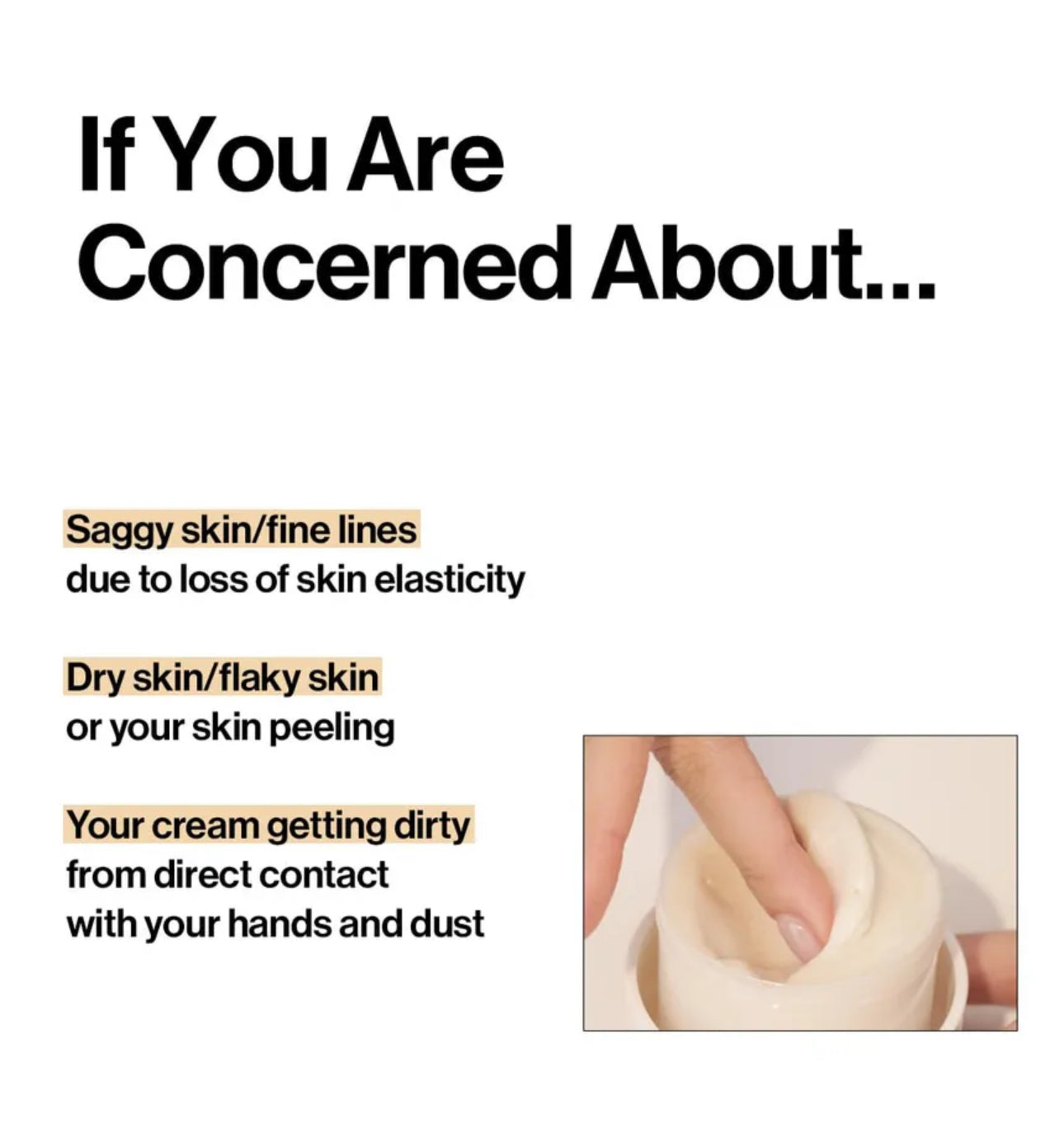 Text overlay on a white background with a close-up of hands holding a cream container.