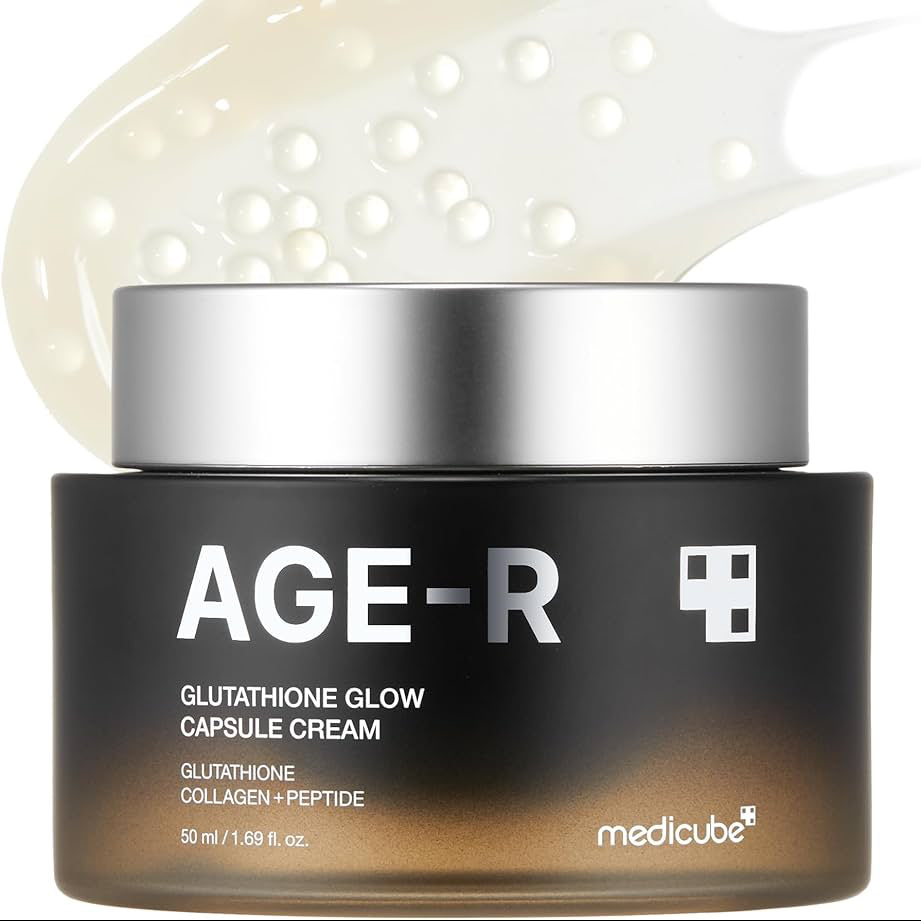 AGE-R Glutathione Glow Capsule Cream jar with cream smudge on white background