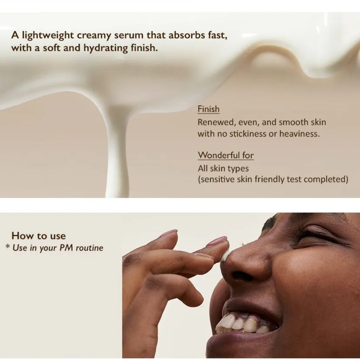 Cosmetic serum with text describing its properties and usage on a neutral background