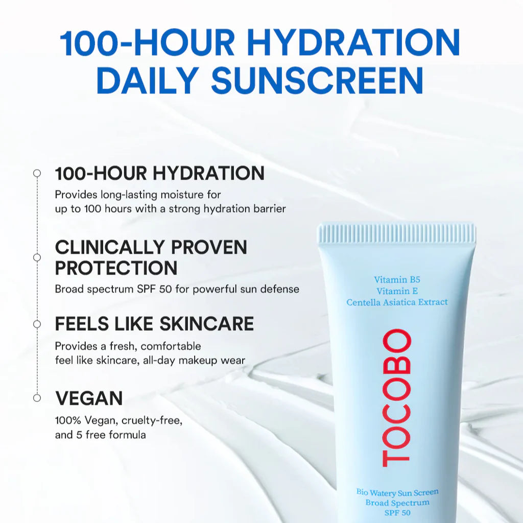 Tocobo 100-hour hydration daily sunscreen tube with product features on a white background