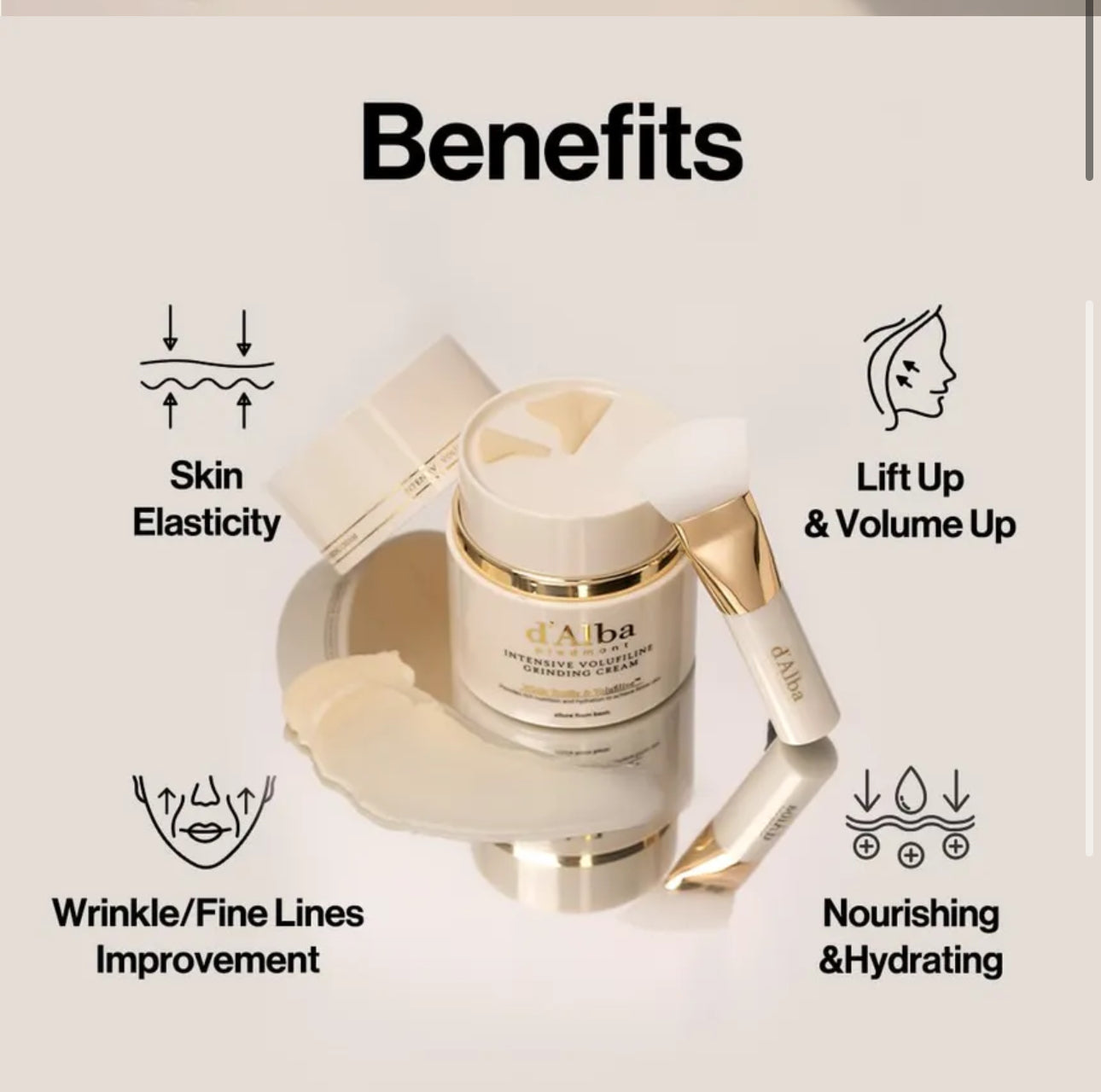 Alba cosmetic cream with benefits listed on a light gray background