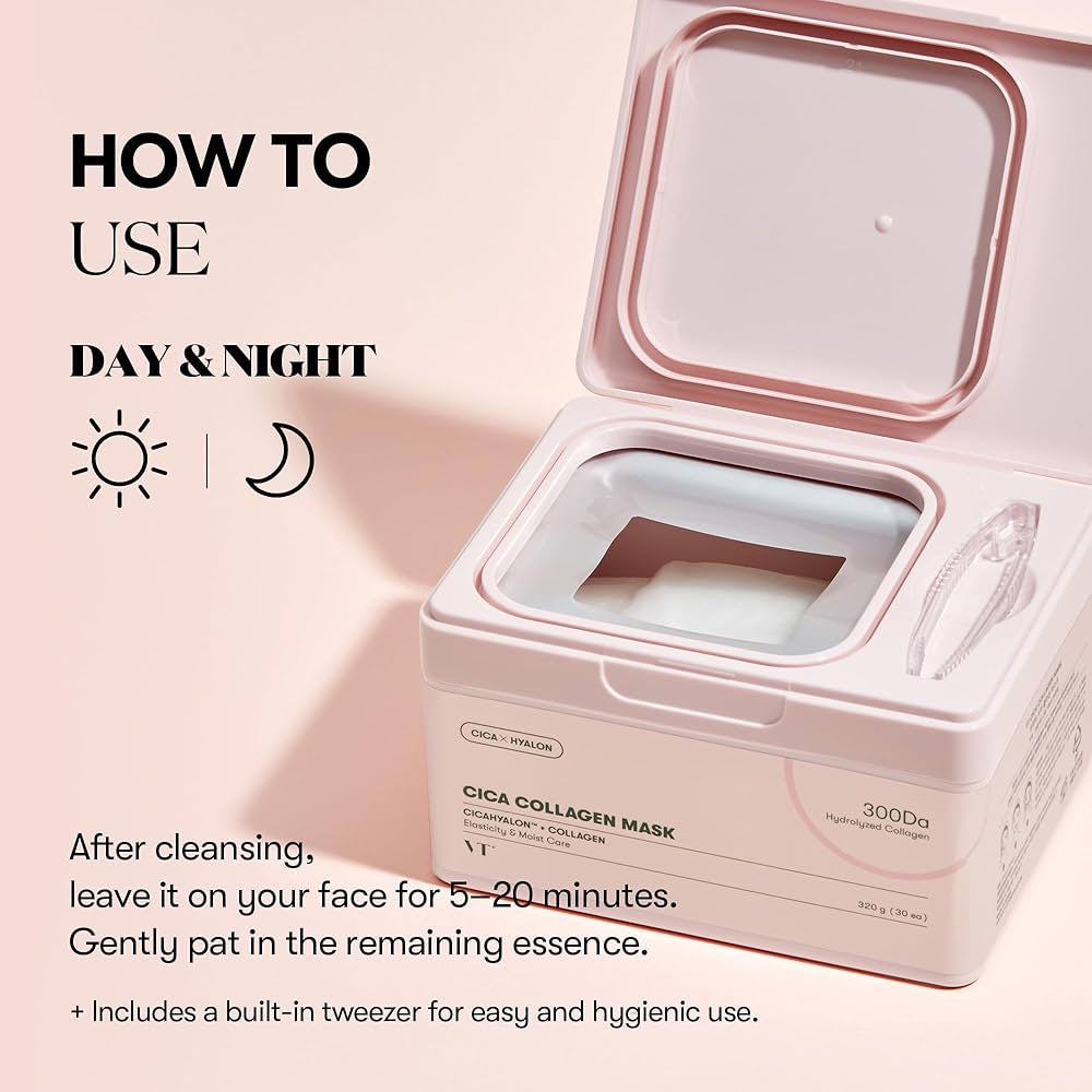 Collagen mask packaging with usage instructions on a pink background
