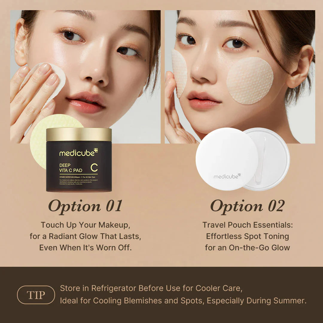 Promotional image of medicube skincare products with a woman applying patches and cream.