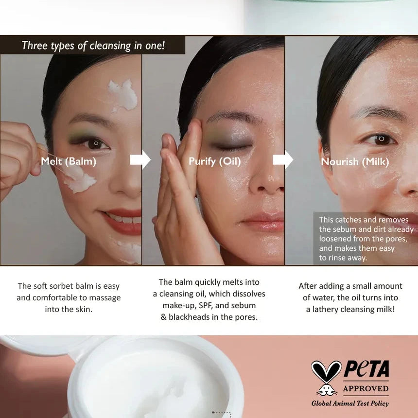 Product advertisement showing a woman applying a cleansing balm, oil, and milk to her face with text explaining its benefits.