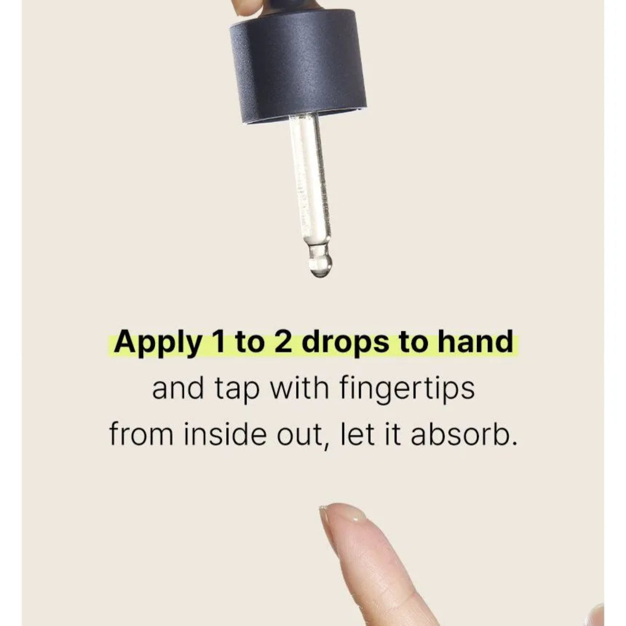 Dropper with liquid being applied to a finger on a beige background