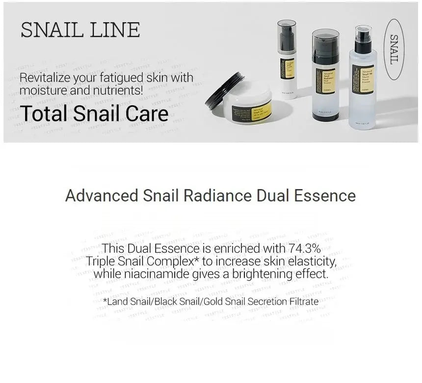 Skincare products with text about snail line care and benefits on a white background