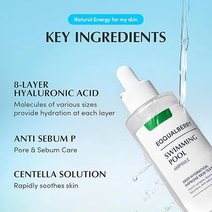 Skincare product with key ingredients listed on a blue background