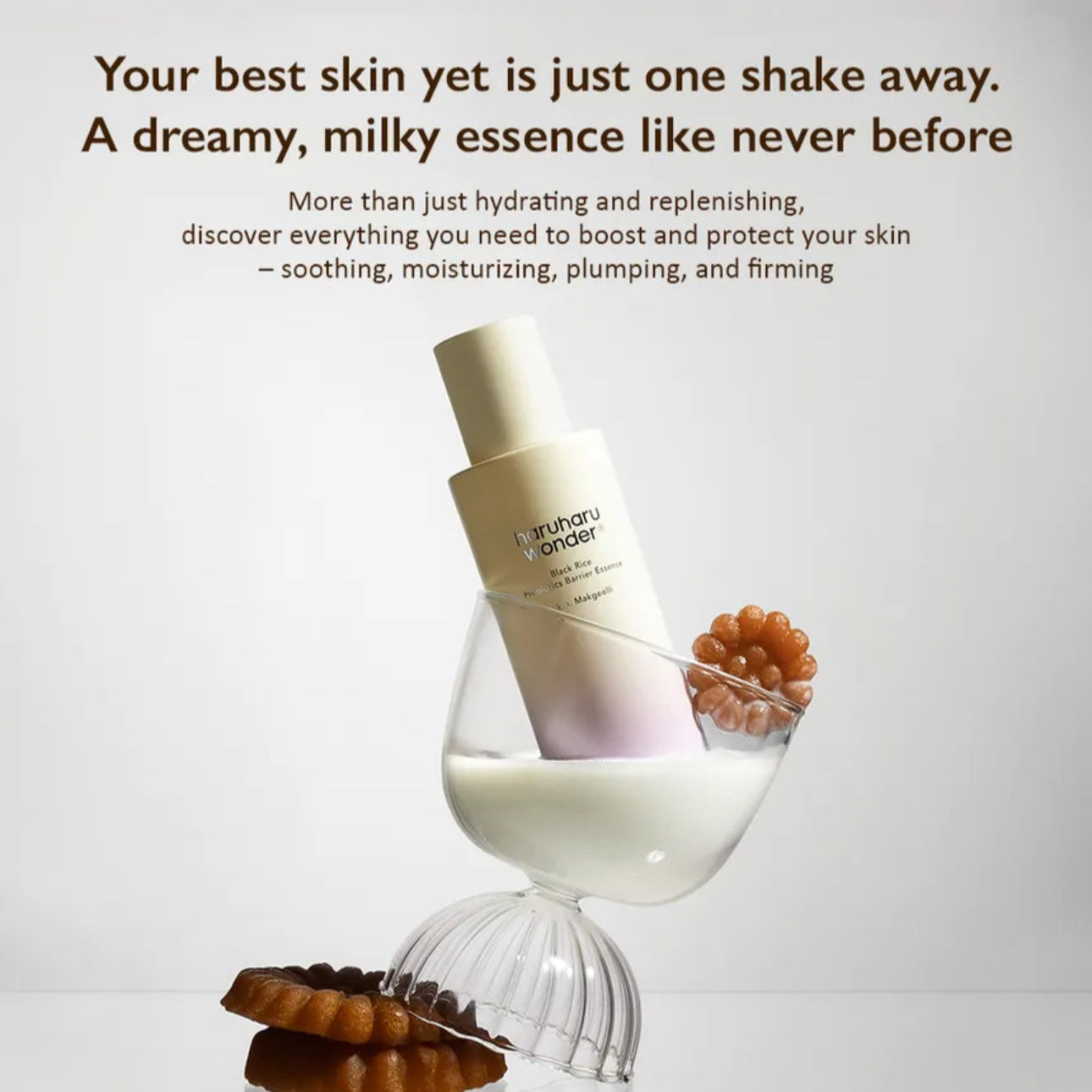 Skincare product with text about skin improvement on a white background