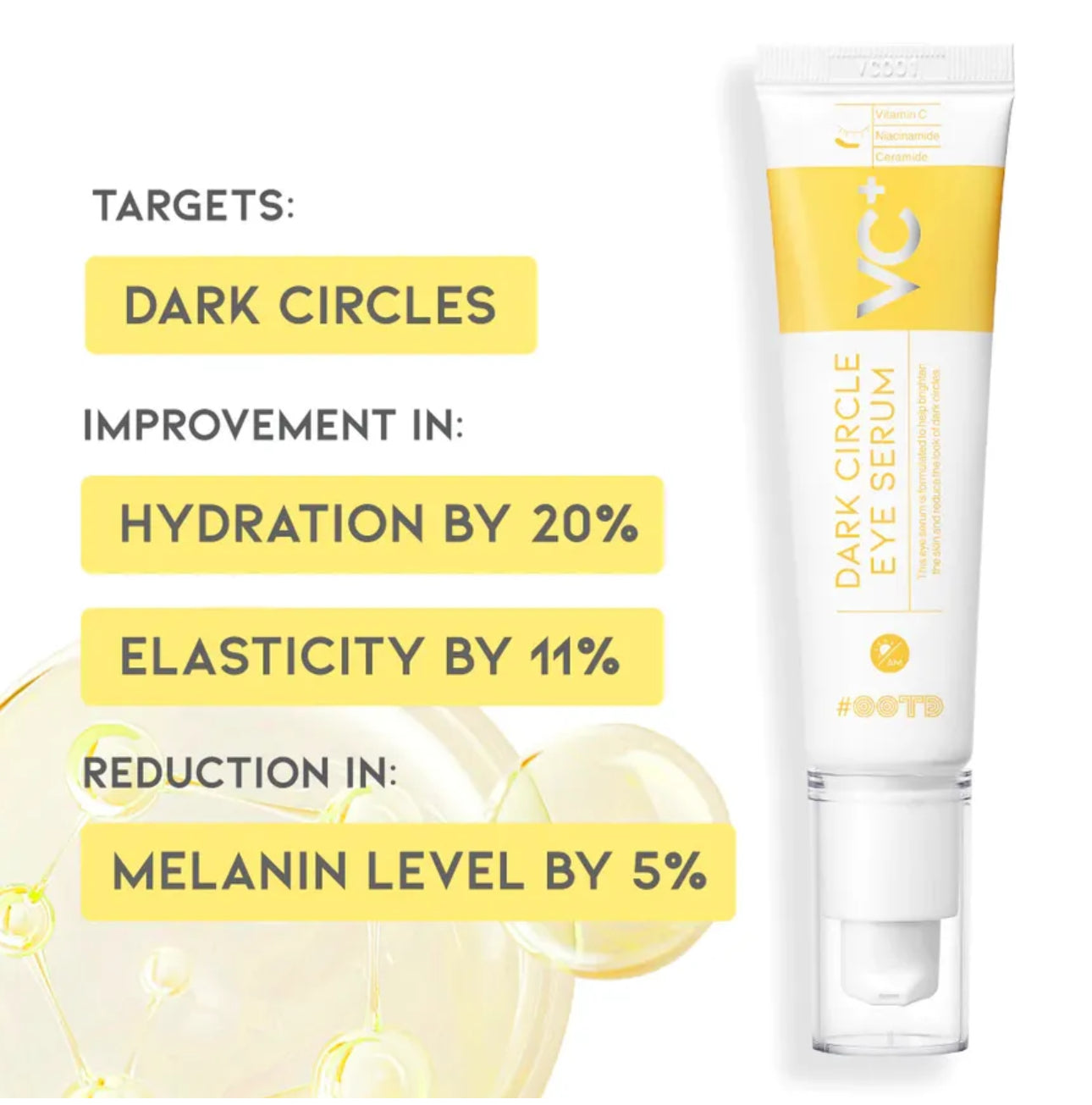 Vc dark circle eye serum with benefits listed on a white background