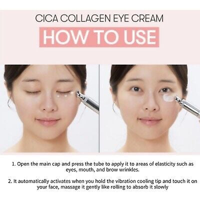 Instructions on how to use Cica Collagen Eye Cream with a close-up of a woman applying it.