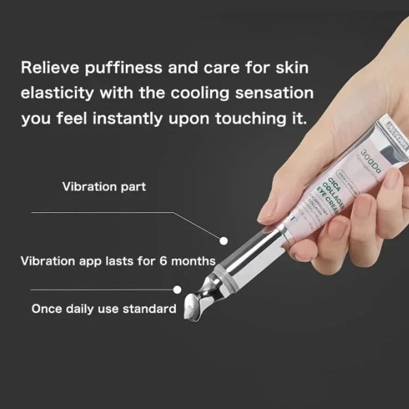 Hand holding a skincare device with text on a black background