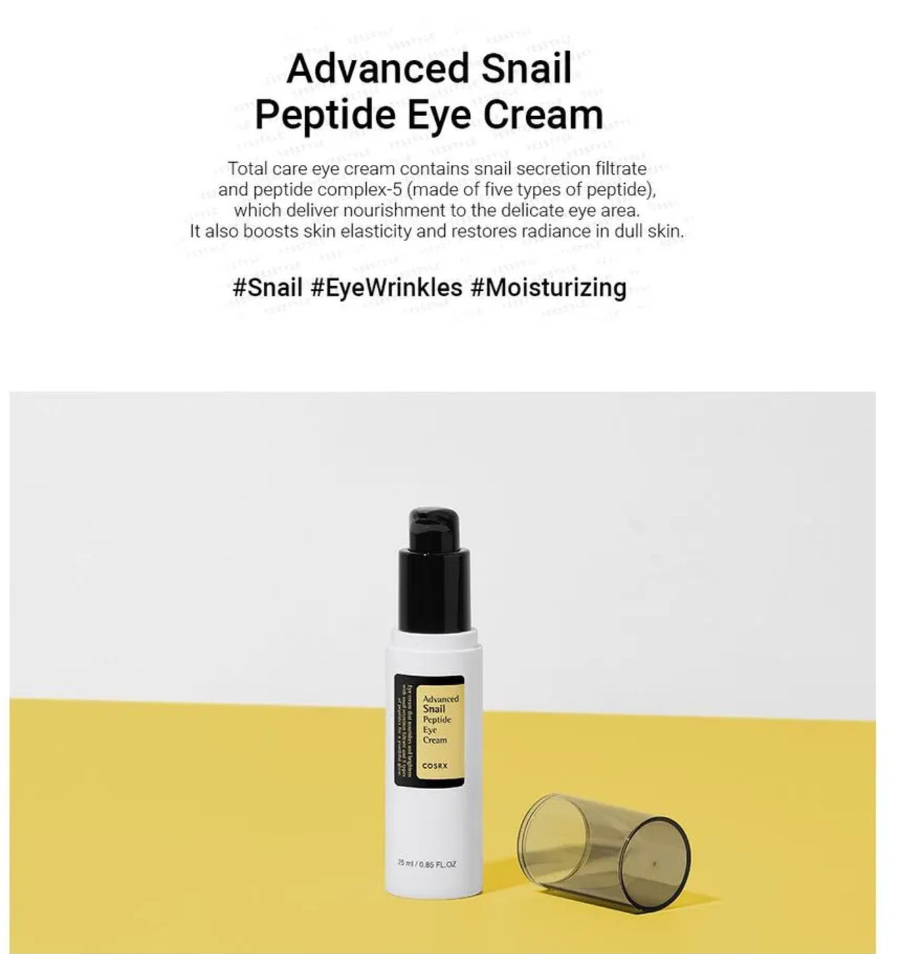 Advanced Snail Peptide Eye Cream bottle on a yellow and white background