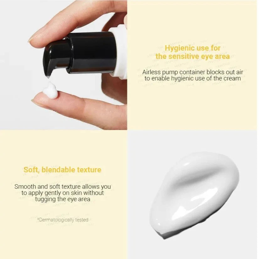 Product packaging with a pump being used, text about hygienic use and texture, and a close-up of the cream.