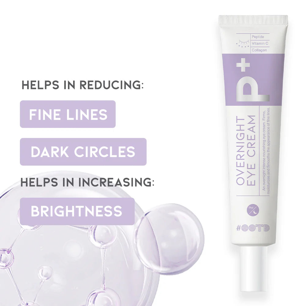 Overnight eye cream tube with benefits listed on a white background