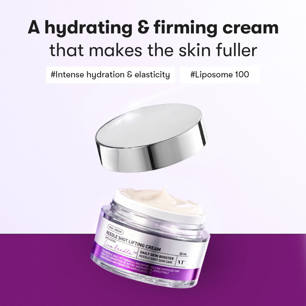 Cosmetic cream jar with a silver lid on a purple background, featuring text about hydration and firming.