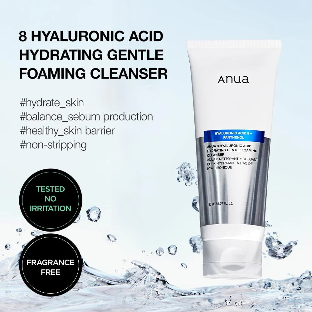 Anua Hyaluronic Acid Hydrating Gentle Foaming Cleanser with product details on a light blue background
