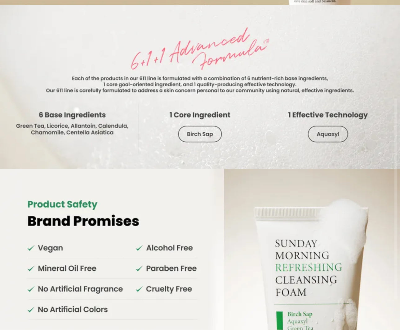 Product safety and brand promises for a skincare brand with a tube of cleansing foam on a beige background.