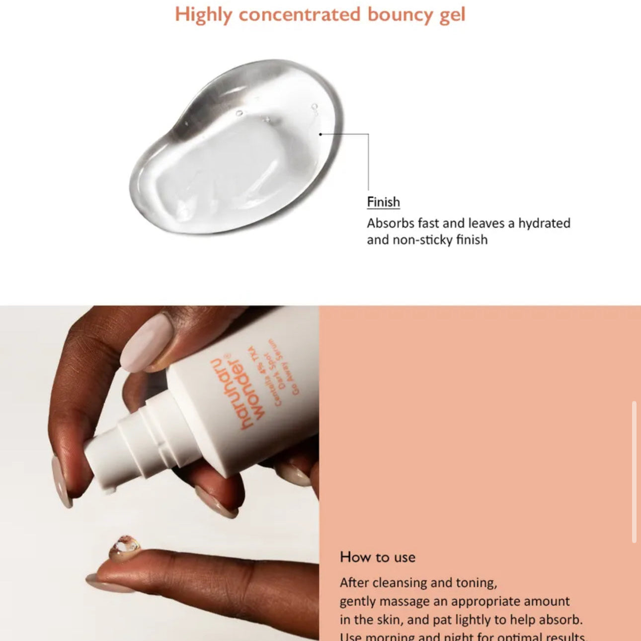 Hand applying a skincare product with text about gel properties and usage.