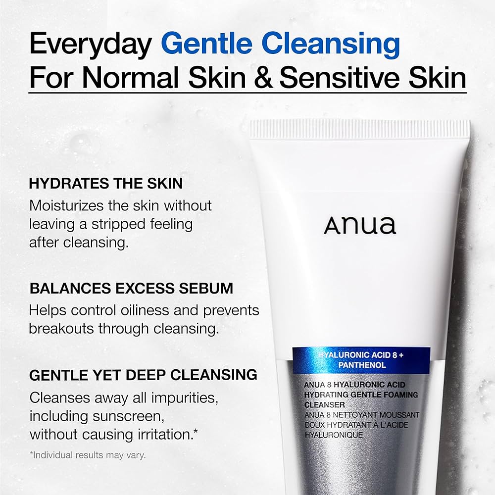Anua skincare product with text on everyday gentle cleansing for normal and sensitive skin.