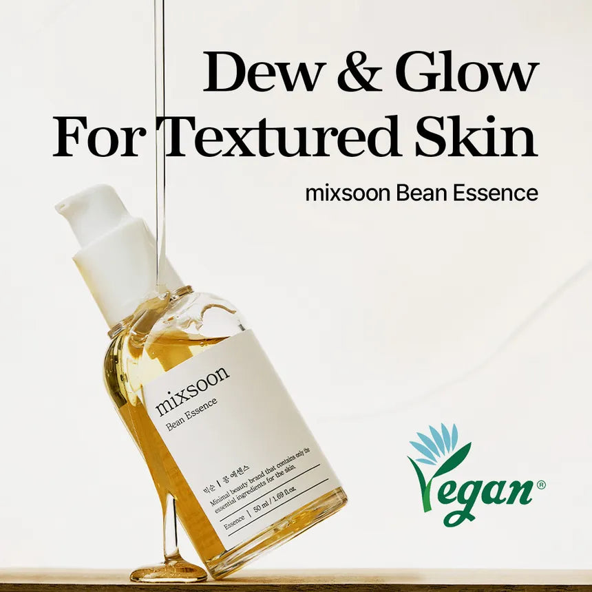 Bottle of mixsoon Bean Essence with 'Dew & Glow For Textured Skin' text and Vegan certification logo on a light background.