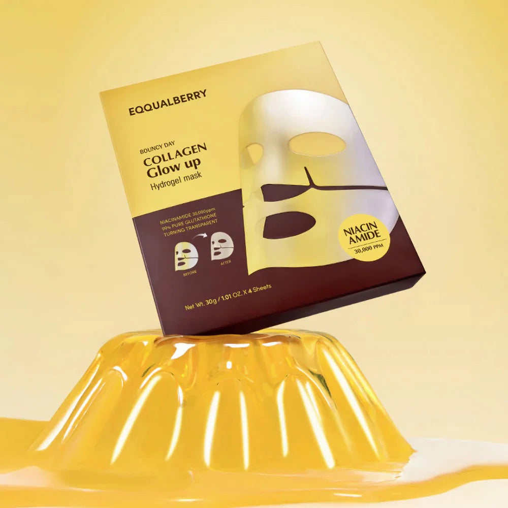 Collagen glow-up hydrogel mask packaging with yellow background