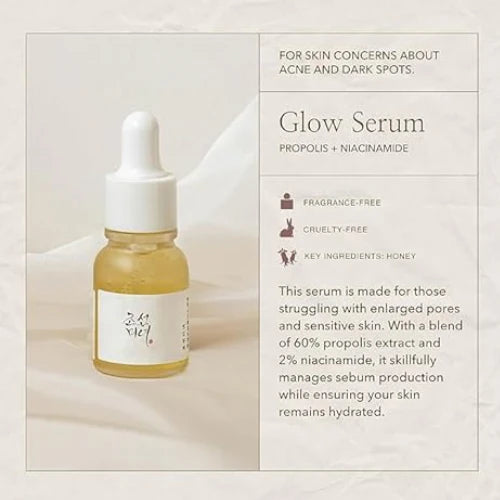 Glow Serum bottle with text on a light background