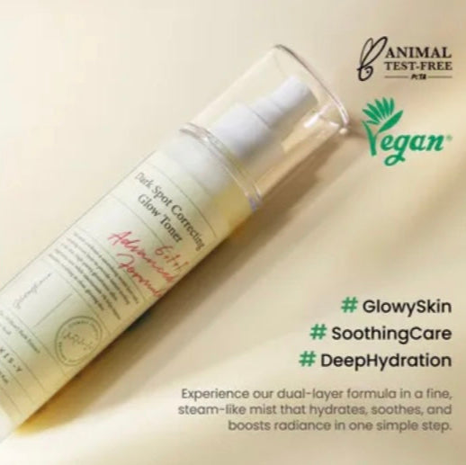 Skincare bottle with labels indicating 'Animal Test-Free' and 'Vegan' on a beige background.
