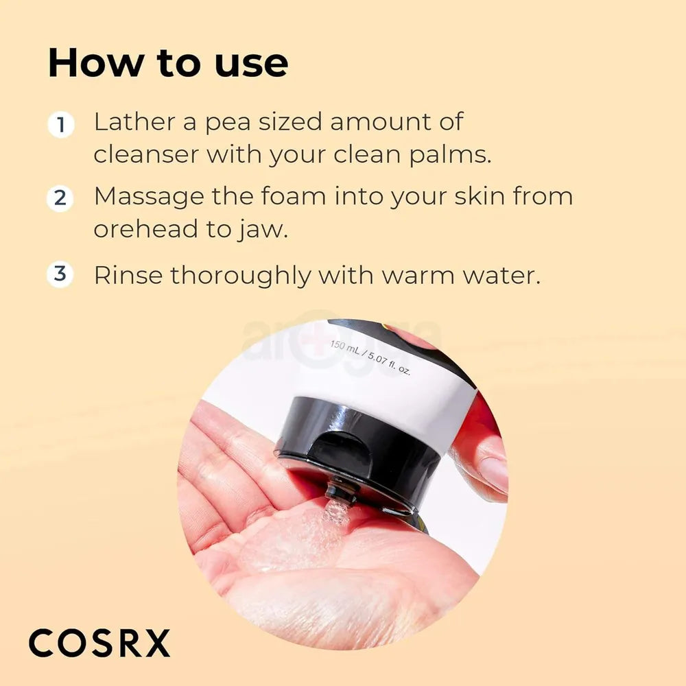 CosRX skincare product with usage instructions on a beige background