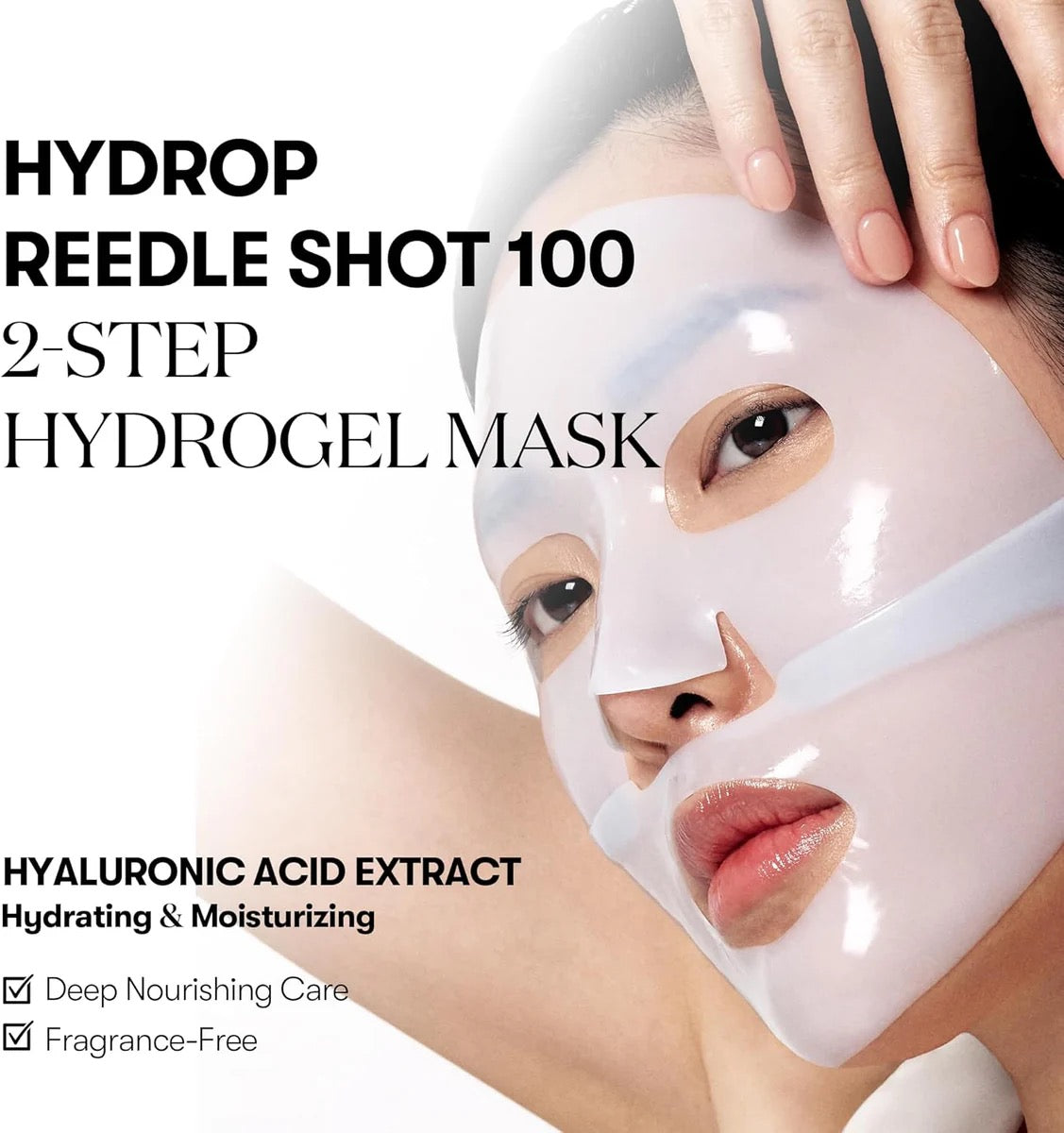 Hydrogel mask being applied to a person's face with product name and features displayed.