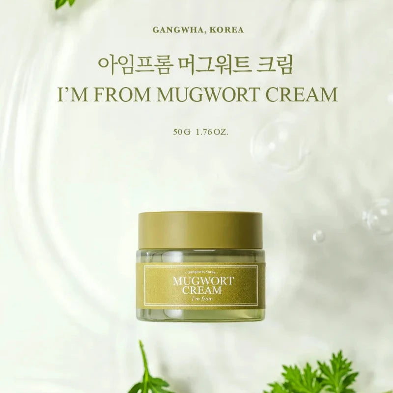 I'm From Mugwort Cream jar with mugwort leaves on a light background