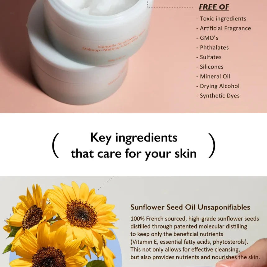 Cosmetic jar with sunflower seeds and key ingredients text on a pink background