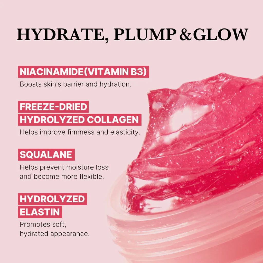 Product packaging with text highlighting hydrating, plumping, and glowing benefits on a pink background.