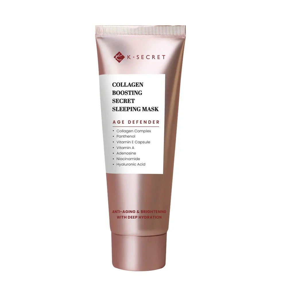 Collagen boosting sleeping mask with K-Secret branding on a white background