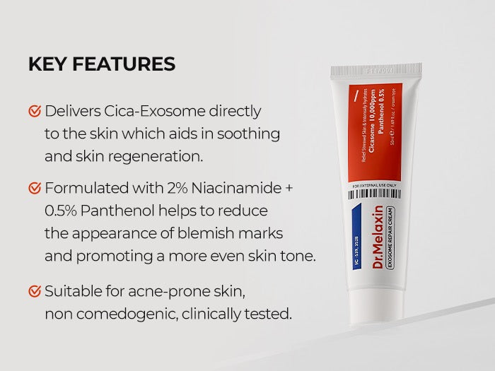 Dr. Melanin skincare product with key features listed on a gray background