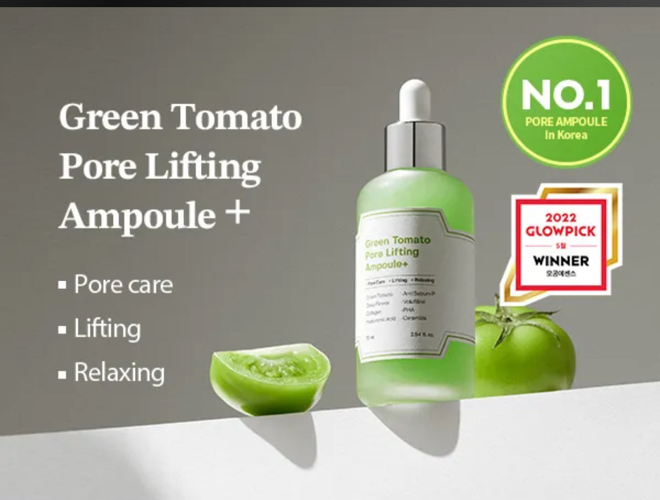 Green Tomato Pore Lifting Ampoule with green tomatoes on a gray background