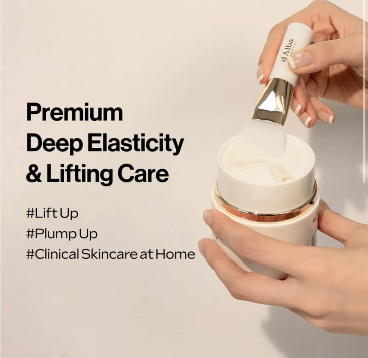 Hand holding a skincare product with text about premium deep elasticity and lifting care.