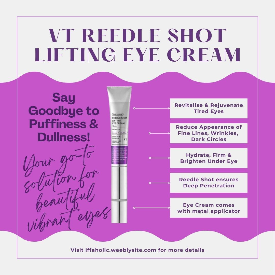 VT Reedle Shot Lifting Eye Cream advertisement with product and benefits on a purple background