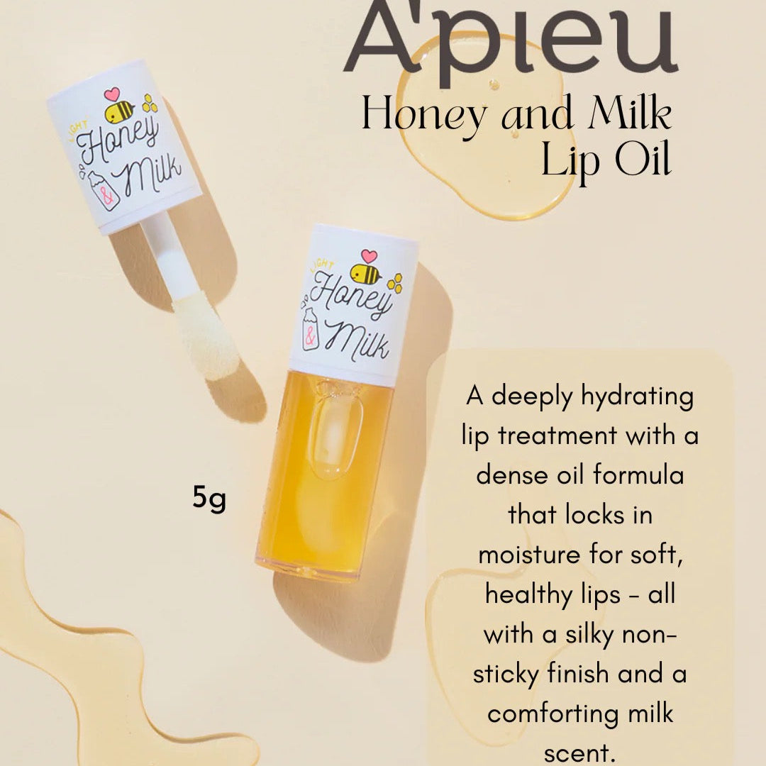A'pieu Honey and Milk Lip Oil with product details on a beige background