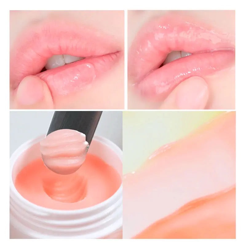 Collage of a person applying pink lip balm to their lips.