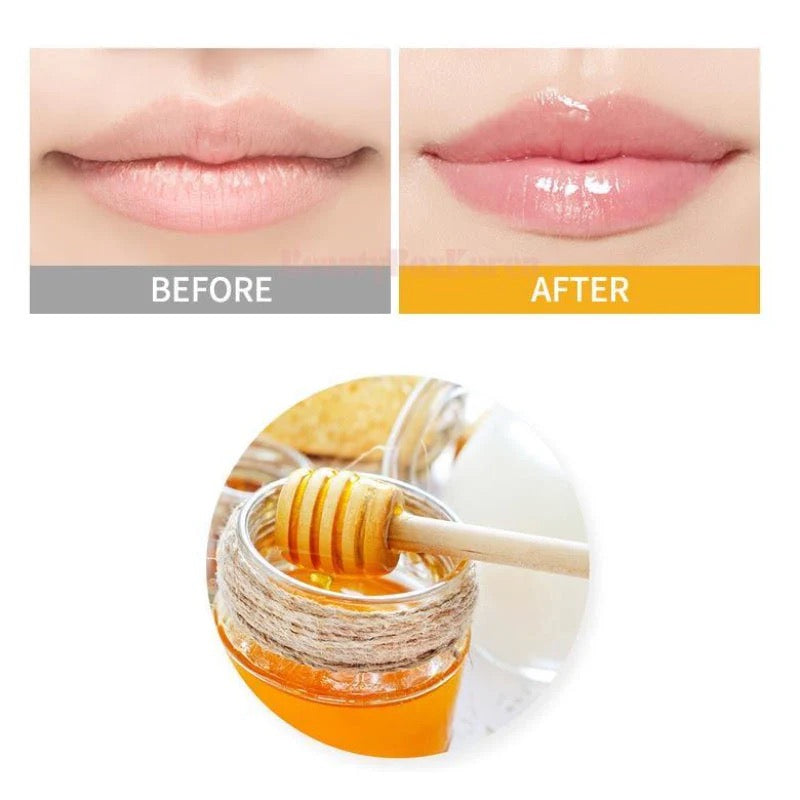 Before and after comparison of lips with a jar of honey and a honey dipper.