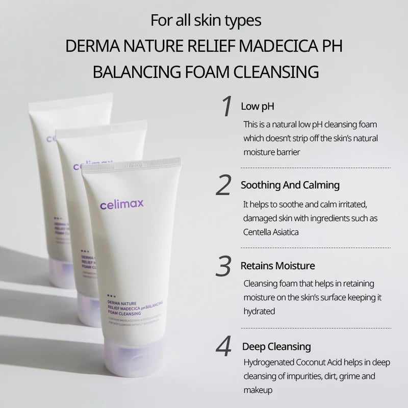 Cleansing foam with product details on a white background