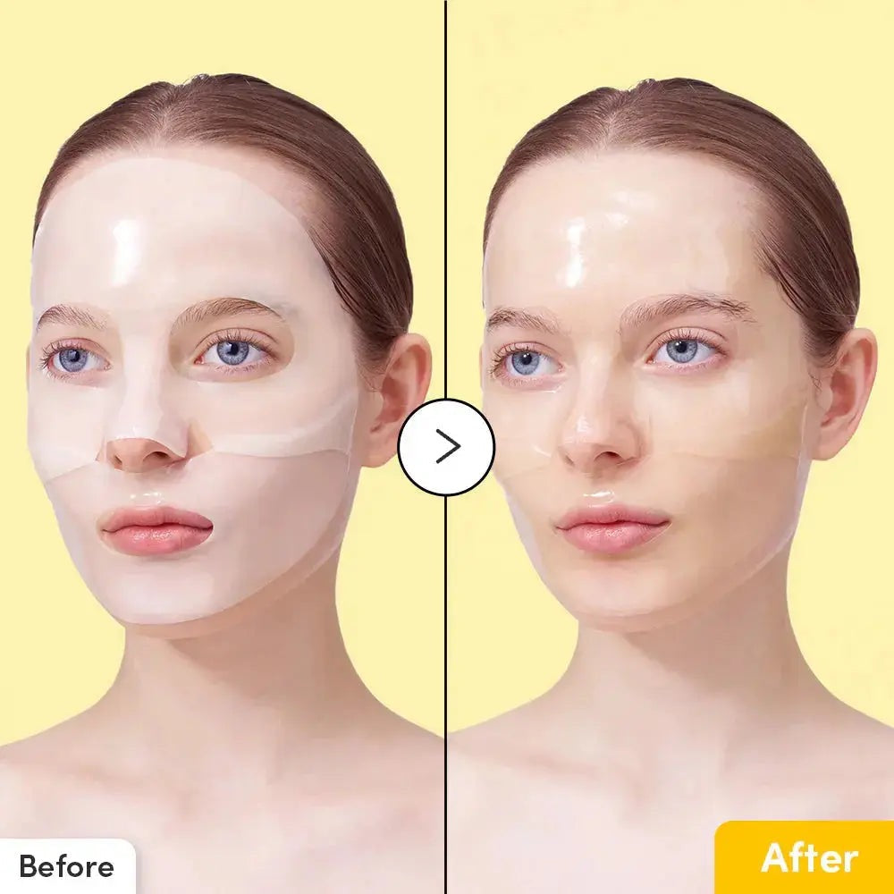 Before and after comparison of a woman's face with a yellow background