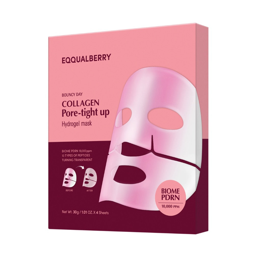 Collagen pore-tight-up hydrogel mask packaging with pink and purple design on a white background