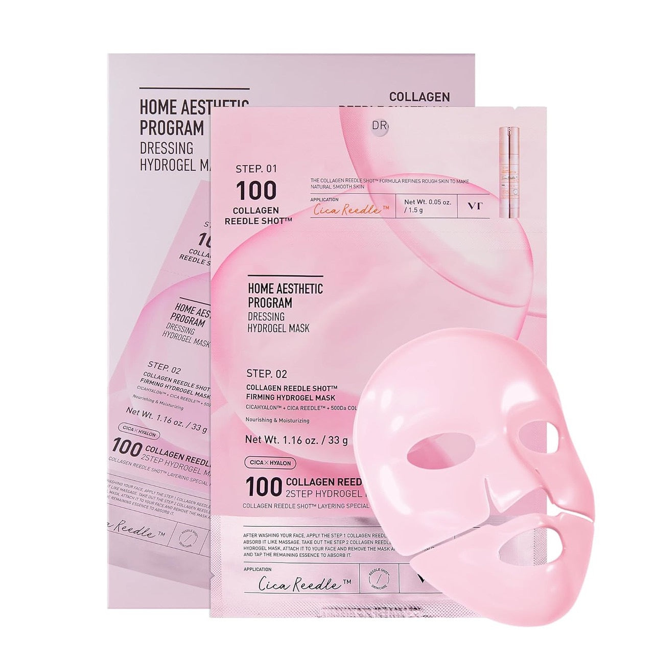 Collagen face mask packaging with pink mask and text on a white background