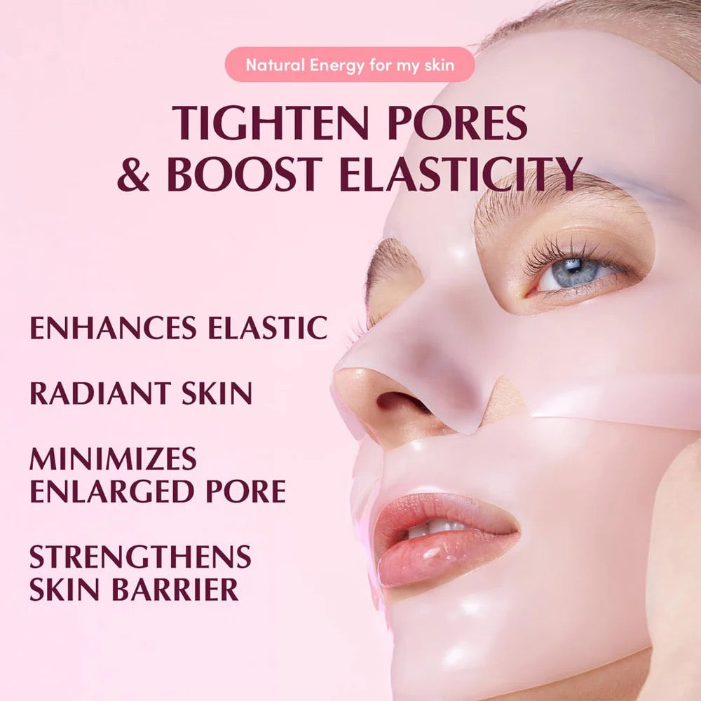 Skincare product with text highlighting benefits on a pink background